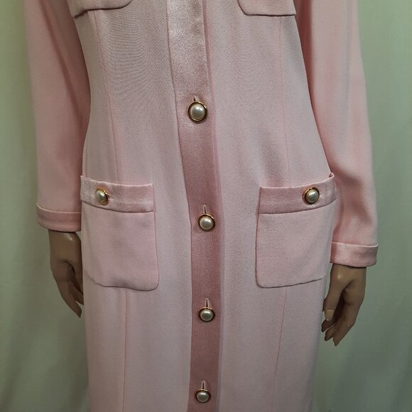 Vintage 80s Albert Nipon Button Front Sheath M Pink Elegant Mid Length Day Dress - Picture 5 of 12